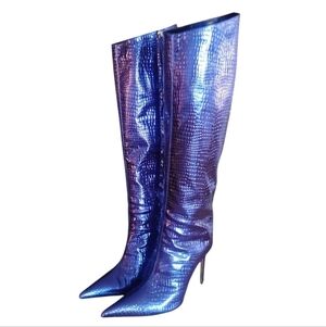ALEXANDRE VAUTHIER | Metallic Blue Croc‑Embossed Patent Leather Knee‑High Boots